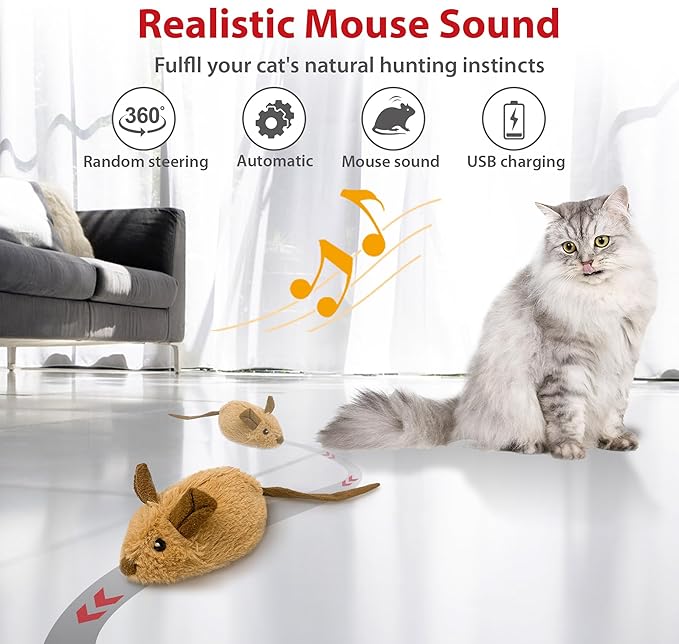 Gigwi Interactive Cat Toys for Indoor Cats, USB Rechargeable Moving Cat Toy for Bored Adult Cats, Upgraded 500mAh Automatic Electronic Mouse Toys with Realistic Squeaky, Kitten Toys for Self Play