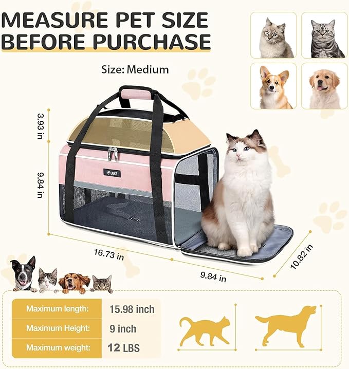 Lekereise Top-Expandable Pet Carrier - TSA Airline Approved Soft Sided Underseat Up to 12lbs Travel Carriers for Small Cats and Dogs with Locking Safety Zippers Anti-Scratch Mesh