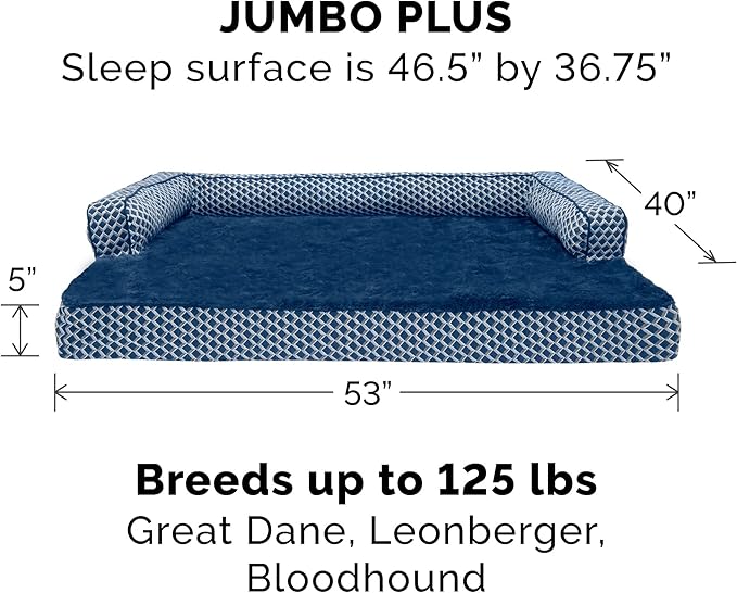 Furhaven Orthopedic Dog Bed for Large Dogs w/ Removable Bolsters & Washable Cover, For Dogs Up to 125 lbs - Plush & Woven Decor Comfy Couch Sofa - Diamond Blue, Jumbo Plus/XXL