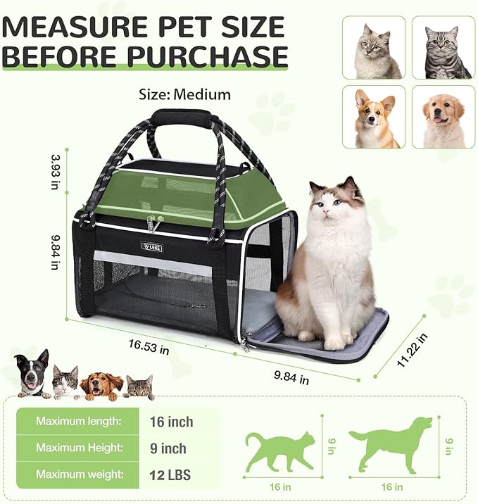 Lekereise Top Expandable Dog Carrier TSA Airline Approved Soft Sided Pet Underseat Up to 12lbs Travel Carriers for Small Cats and Dogs with Convertable Dog Leash and Anti-Scratch Mesh