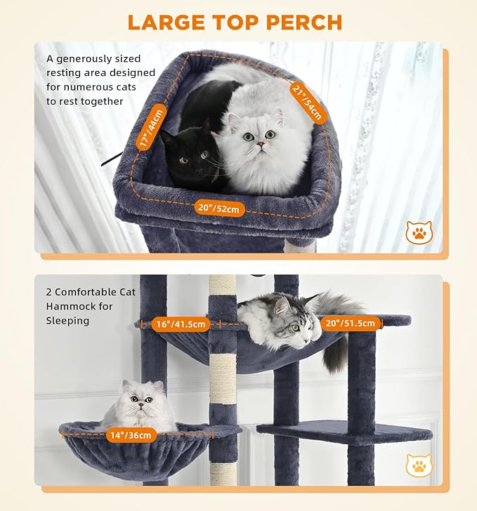 Made4Pets Tall Cat Tree, 71 Inches Cat Tree Tower for Indoor Cats Large Adult, Plush Multi-Level Cat Tower with 5 Scratching Posts, 2 Hammock, Condo and Perch, Big Cat House Indoor, Dark Grey