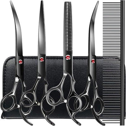 Professional Dog Grooming Scissors Kit Black 6 in 1, Dog Shears for Grooming 6CR Premium Stainless Steel Grooming Scissors Kit for Dogs Cat Pet