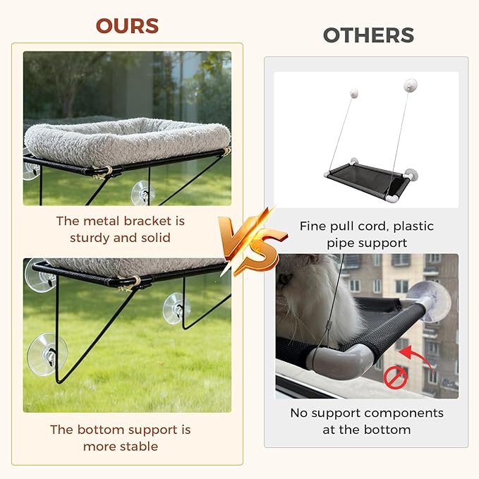 Cat Window Perch, Cordless Cat Hammock Window Seat with Sturdy Metal Frame Supports and 4 Strong Suction Cups (Grey, Short Hair)