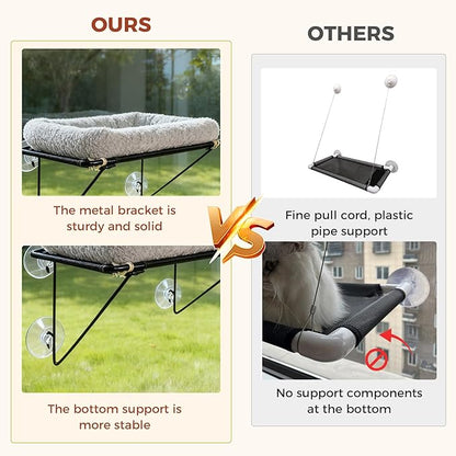 Cat Window Perch, Cordless Cat Hammock Window Seat with Sturdy Metal Frame Supports and 4 Strong Suction Cups (Grey, Short Hair)
