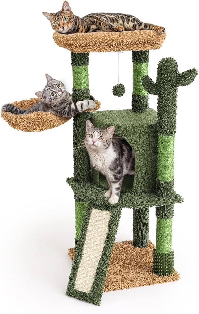 Athena Collection Small Cat Tree Tower with Scratching Post, 42 Inch Modern Cute Cat Tree Condo with Cozy Perch Basket Hanging Ball Climbing Ramp for Kittens Indoor Climbing, Green