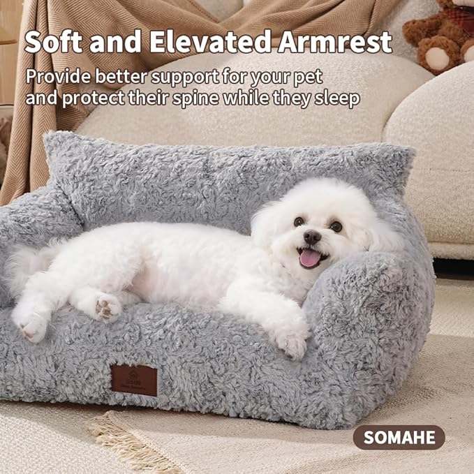 Cat Couch Beds Cat Bed for Indoor Cats Washable Dog Beds for Small Dogs & Cats with Removable Cover Fluffy Sofa with Non-Slip Bottom (18.0" L X 24.0" W X 10.0" Th) Grey