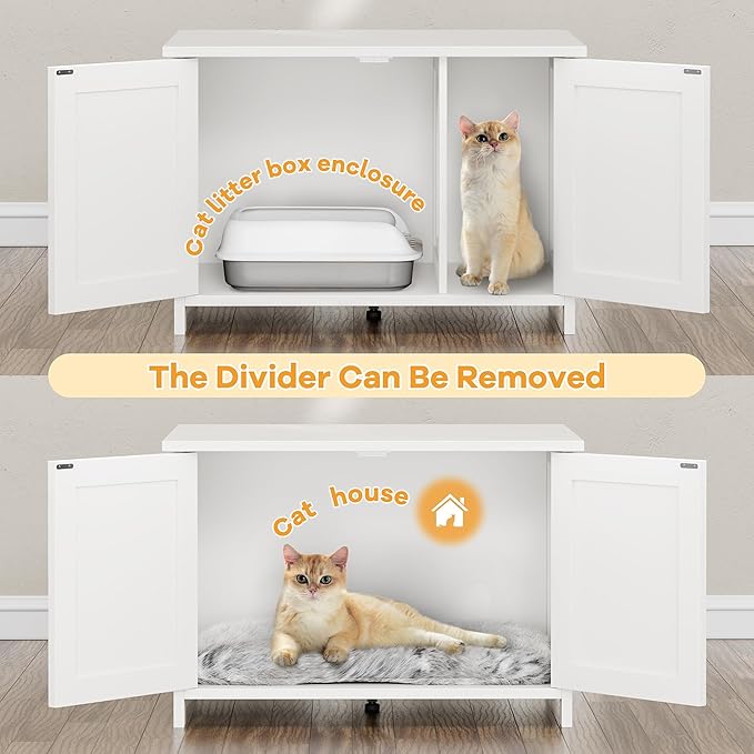 Shintenchi Cat Littler Box Enclosure, Litter Box Furniture Hidden with Removable Divider, Cat House with End Table, White