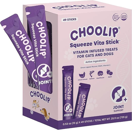 Choolip Squeeze Vita Stick Lickable Cat Treats & Dog Puree – 49-Count Joint Support Tubes, Creamy Grain-Free High-Protein Puree with MSM, Glucosamine & Green Lipped Mussel for Joint & Mobility Health
