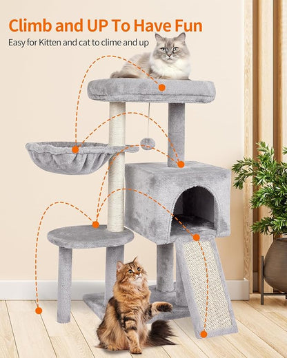 FISH&NAP Cute Cat Tree Kitten Cat Tower for Indoor Cat Condo Sisal Scratching Posts with Jump Platform Cat Furniture Activity Center Play House Grey