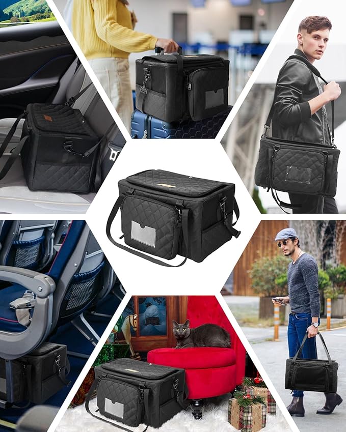 PETUX Collapsible Airline Approved Cat Carrier - 16" x 10" x 9.5", Double Anti-Escape, Small Pet Travel Bag for Small Cats Under 10 lb with Removable Snack Bag, Safety Buckle ＆ Leash - Black