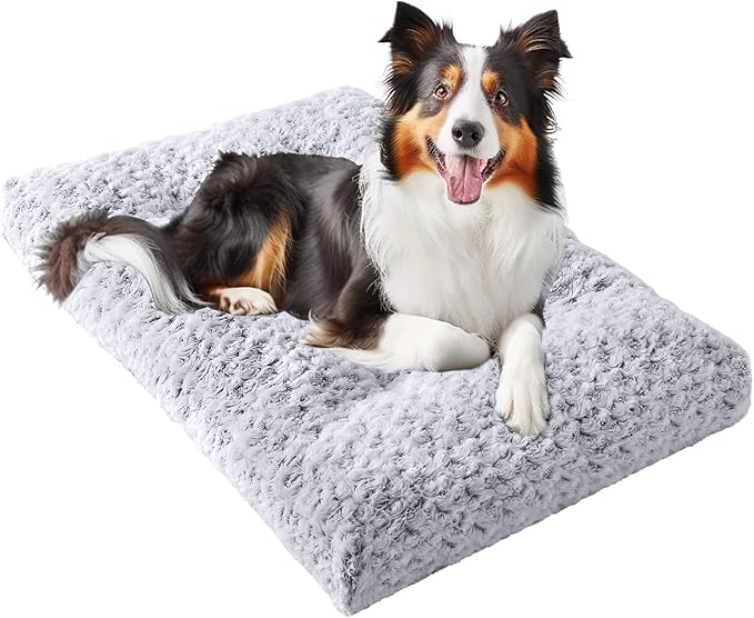 JOLLYVOGUE Washable Dog Bed for Crate, Deluxe Rose Plush Dog Crate Beds for Small Medium Large Size Dogs, Anti-Slip Soft Comfy Pet Kennel Pad, Fits Kennel Cage and Cat Bed Mat, 53" X 36", Gray