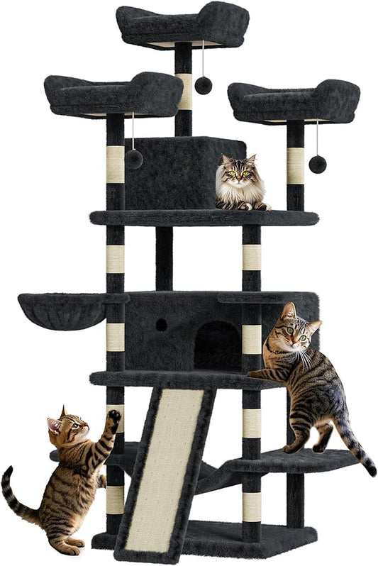 68.5 Inch Tall Cat Tree Tower, Heavy Duty Multi-Level Cat Tower with Scratching Posts, Condo, Plush Perches, Hammocks, Basket & Dangling Balls, Cat Furniture for Indoor Cats, Dark Grey