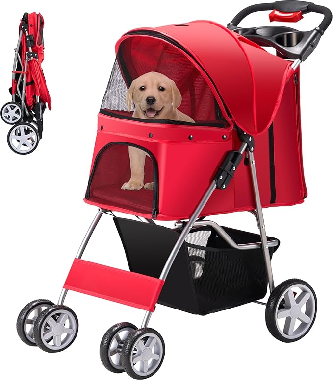 Azaeahom Pet Stroller, 4 Wheels Pet Strolling Cart for Medium/Small Dogs and Cats, Foldable Cat Jogger/Dog Stroller with Cup Holder, Storage Basket, Breathable Mesh, All-Season Pet Carrier, Red