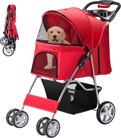 Azaeahom Pet Stroller, 4 Wheels Pet Strolling Cart for Medium/Small Dogs and Cats, Foldable Cat Jogger/Dog Stroller with Cup Holder, Storage Basket, Breathable Mesh, All-Season Pet Carrier, Red