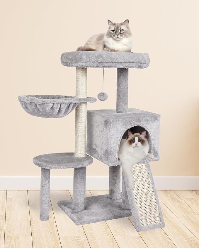FISH&NAP Cute Cat Tree Kitten Cat Tower for Indoor Cat Condo Sisal Scratching Posts with Jump Platform Cat Furniture Activity Center Play House Grey