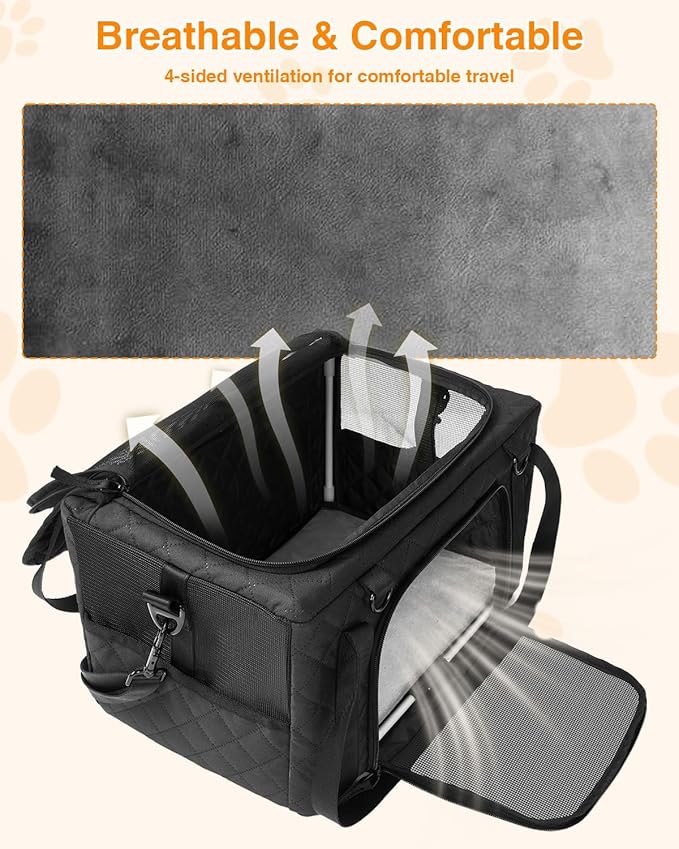 PETUX Collapsible Airline Approved Cat Carrier - 16" x 10" x 9.5", Double Anti-Escape, Small Pet Travel Bag for Small Cats Under 10 lb with Removable Snack Bag, Safety Buckle ＆ Leash - Black