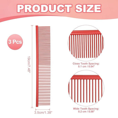Dog Cat Comb, Pet Combs Stainless Steel Teeth with Rounded Ends for Knots Mats Loose Hair Removal, 7.5IN (Red Coated, 3 Pack), Grooming Tool Intended for Long Curly Hair Pet