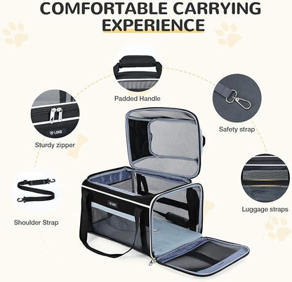 Lekereise Top-Expandable Pet Carrier - TSA Airline Approved Soft Sided Underseat Up to 15lbs Travel Carriers for Small Cats and Dogs with Locking Safety Zippers Anti-Scratch Mesh Large
