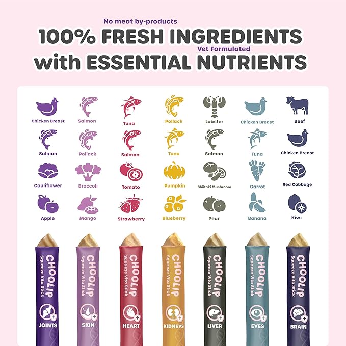 Choolip Squeeze Vita Stick Lickable Cat Treats & Dog Puree – 49-Count Variety Pack, Creamy Squeeze Tubes with Multivitamins, Grain-Free High-Protein Puree, Vet-Formulated Healthy Treats