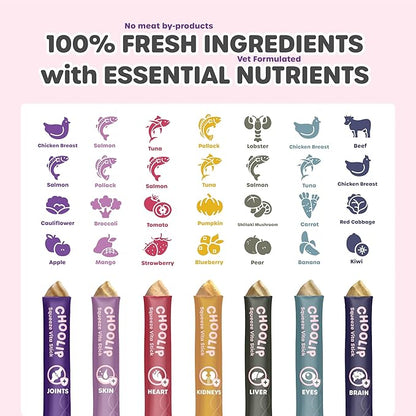Choolip Squeeze Vita Stick Lickable Cat Treats & Dog Puree – 49-Count Variety Pack, Creamy Squeeze Tubes with Multivitamins, Grain-Free High-Protein Puree, Vet-Formulated Healthy Treats