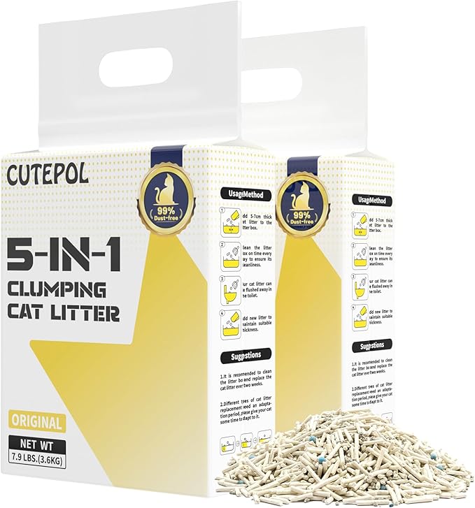 Mixed 5-in-1 Clumping Cat Litter 15.8 lb, Odor Control and Rapid Clumping, Water Absorbent and Flushable, Dust-Free, Multi-Cat, Bentonite Tofu Cat Litter, Original, 7.9lb/Bag