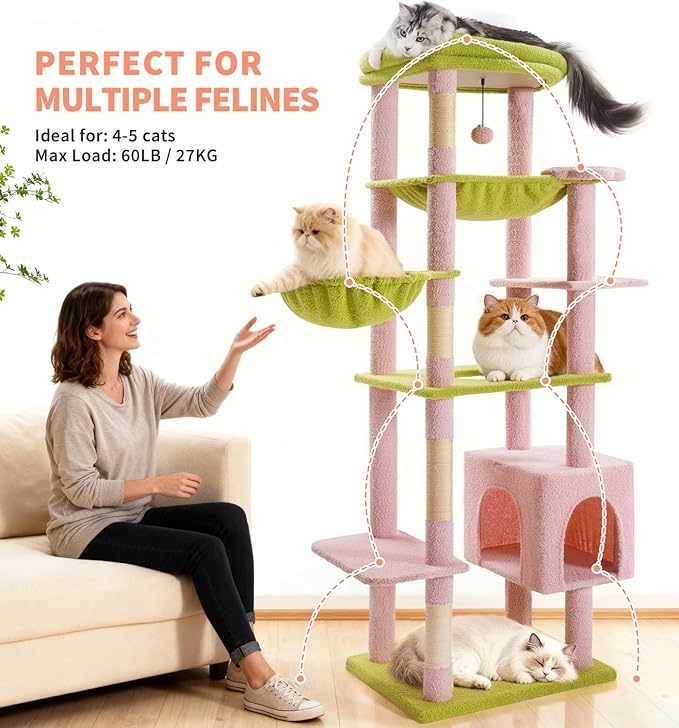 Made4Pets Tall Cat Tree, 71 Inches Cat Tree Tower for Indoor Cats Large Adult, Plush Multi-Level Cat Tower with 5 Scratching Posts, 2 Hammock, Condo and Perch, Big Cat House Indoor, Pink