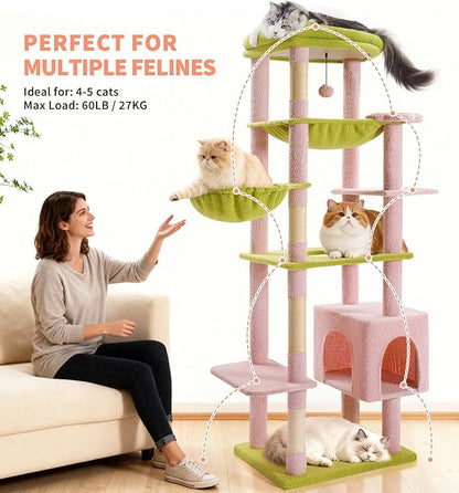 Made4Pets Tall Cat Tree, 71 Inches Cat Tree Tower for Indoor Cats Large Adult, Plush Multi-Level Cat Tower with 5 Scratching Posts, 2 Hammock, Condo and Perch, Big Cat House Indoor, Pink