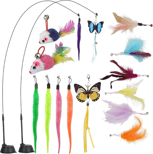 Suction Cup Cat Toys,Interactive Cat Wand with 15Pcs (Feather, Mouse, Butterfly, Worm),Durable Cats Fishing Pole Toy for Indoor Kittens,Fun Stick Toy for Exercise&Play