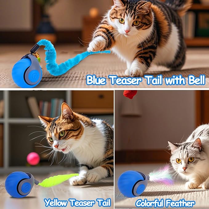 Interactive Cat Toy Ball - Speedy Cat Toys for Indoor Cats with Feather Tails for Chasing, Moving Stimulation Smart Cat Toy for Enrichment, Motion Activated Automatic Rolling Toys to Keep Them Busy