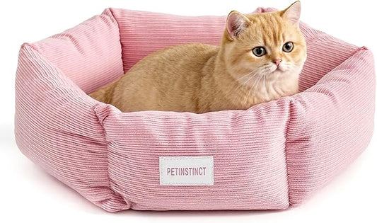 Petinstinct Cat Bed, 22 Inch Washable Corduroy Cat and Small Dog Bed with Removable Cover & Anti-Slip Bottom, Calming Comfort Pet Bed for Pets up to 15 lbs (Pink)