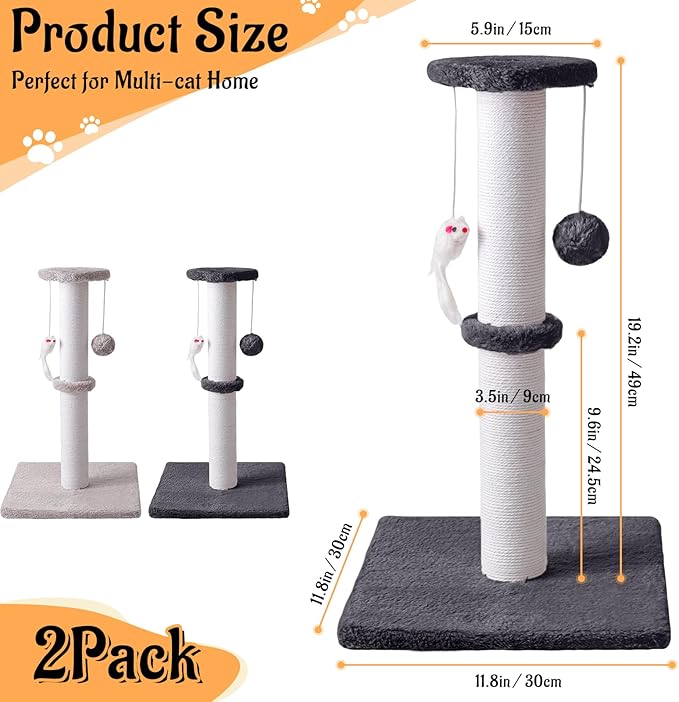 2 Pack Cat Scratching Post, 19.2in Kitten Scratcher Post, Sisal Rope with Hanging Ball and Mice for Indoor Kittens or Smaller Cats
