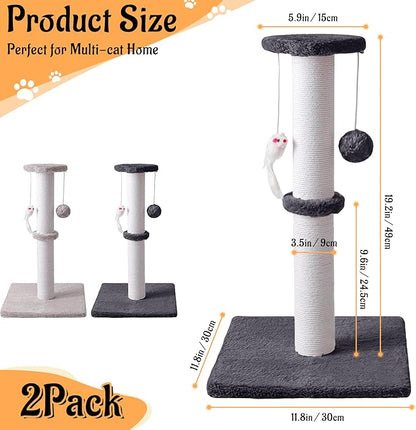 2 Pack Cat Scratching Post, 19.2in Kitten Scratcher Post, Sisal Rope with Hanging Ball and Mice for Indoor Kittens or Smaller Cats