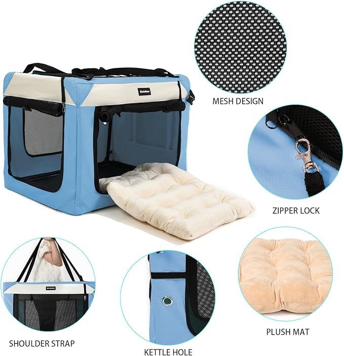 Large Cat Carrier Collapsible Travel Dog Crate Portable Soft-Sided Pet Kennel with Super Soft Warm Plush Pillow for Indoor and Outdoor 20x14x14in,Sky Blue