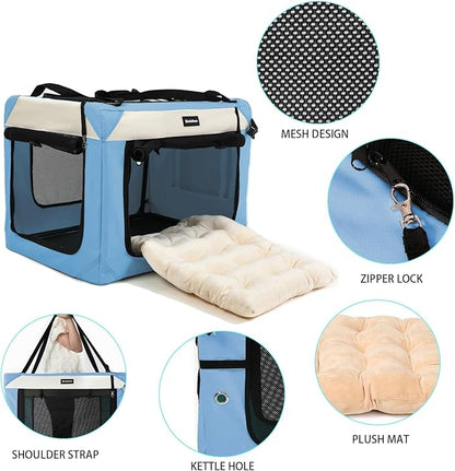 Collapsible Travel Dog Crate Portable Soft-Sided Pet Kennel Extra Large Cat Carrier with Soft Plush Fur Mat for Indoor and Outdoor,28x20x20in Sky Blue