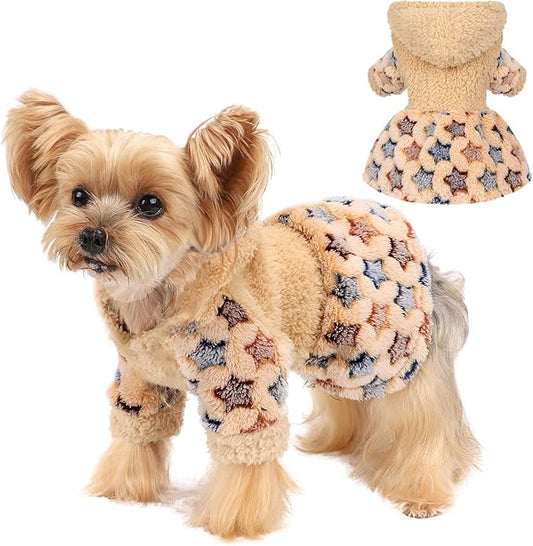 Yikeyo Dog Sweater Dress for Small Dogs Girl Boy, Cute Warm Fleece Dog Hooded Sweaters, Soft Puppy Clothes,Extra Warm Fall Winter Pet Clothes Birthday Dresses Holiday Outfits(Khaki,M)