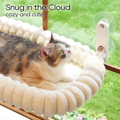 Zakkart SnugCloud Foldable Cat Window Perch - Cordless, Ultra Soft Machine Washable Bed with 4-Sided Bolster, Metal Frame - Window Hammock for Large Cats and Kittens (Cream White, Large)