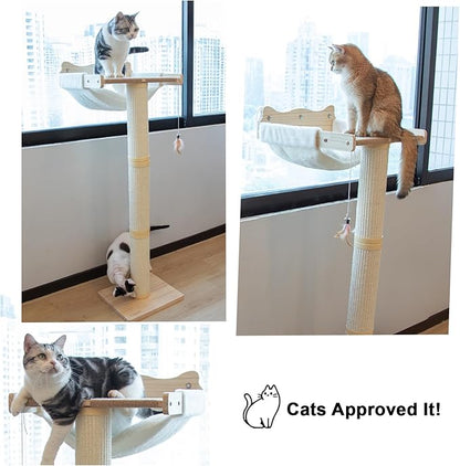 Cat Window Perch with Scratching Post, 47.3" Adjustable Cat Tall Scratching Posts &Upgraded Winter Cushion – Multi-Level Perch for Climbing, Bird Watching, and Play, Supports 50 lbs (Drilling-Free)