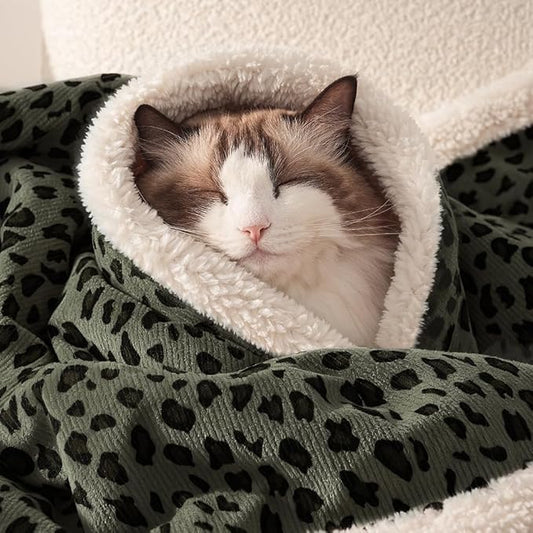 Cat Blankets for Indoor Cats Super Soft Plush Faux Fur Kitten Blankets Machine Washable Reversible Pet Throw Protector for Couch Furniture Leopard Print Blanket 28"X 22" in Green