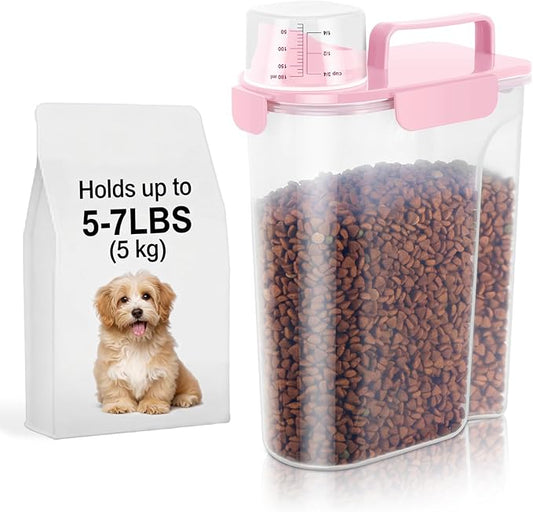 5-7Lbs Dog Cat Food Storage Container with Upgraded Large Nozzle BPA-free, 4 Snap Seals Plastic Pet Food Storage Containers with Handles (Light Pink, 5L-1pack)