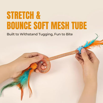 Catnip Toys for Cats – 6-Pack Feather Mesh Tubes with Bells, Interactive Chew Set for Indoor Cats & Kittens