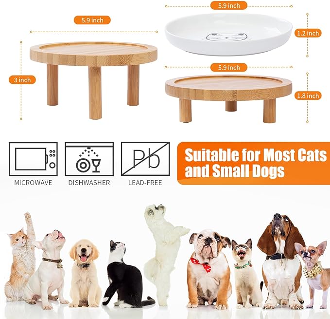 Shallow Elevated Cat Bowls,5.9 Inch Wide Raised Ceramic Cat Dishes with Bamboo Stand, Whisker Friendly Pet Water or Food Plates Feeding Station for Indoor Cats, Kitten (Blue,Set of 2)