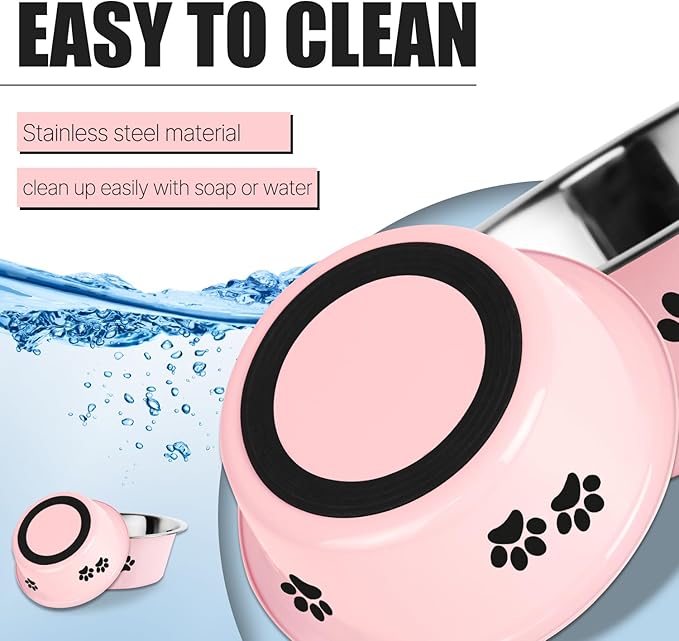 Stainless Steel Dog Bowls, Nonslip Rubber Bottom No Spill Proof Skid Metal Insulated Dog Bowls for Large Medium Small Breed Dogs (Pink, 6.6 Cups/53 OZ)