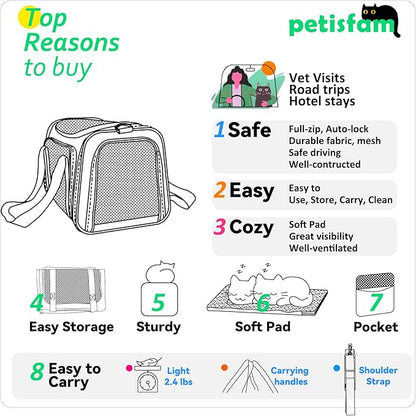 petisfam Top Load Cat Carrier for Medium Cats and Small Dogs with Washable Cozy Bed, 3 Doors and Shoulder Strap. Easy to get cat in, Easy Storage, Lightweight, Airline Approved