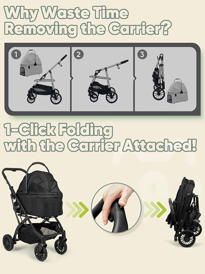 Small Dog Stroller, Pet Stroller for Small Dogs, 5-in-1 Dog Strollers - Fold All in One Without Detaching Carrier, Pet Strollers with Removable Waterproof Carrier for Dogs Cats 10 lbs 20 lbs