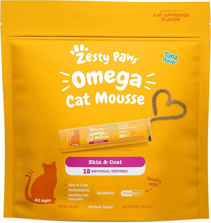 Zesty Paws Omega Cat Mousse Squeezable Cat Treats - with Seaweed, Omega Fatty Acids, Antioxidants Vitamins & Minerals - Skin & Coat Support for Cats - Tuna Fish Flavor - 18 Count