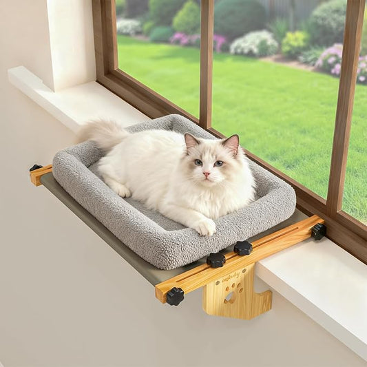 Cat Window Perch Sturdy Hammock Window Seat with Cushion Bed Cover, Wood & Metal Frame for Large Cats, Easy to Adjust Cat Bed for Windowsill, Bedside, Drawer and Cabinet (M)