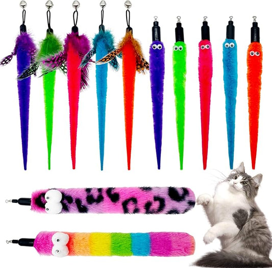 Cat Wand Replacement Feather Worm, 12 Pieces Cat Wand Attachments Assorted Worms Feathers Refill Toy for Indoor Cats
