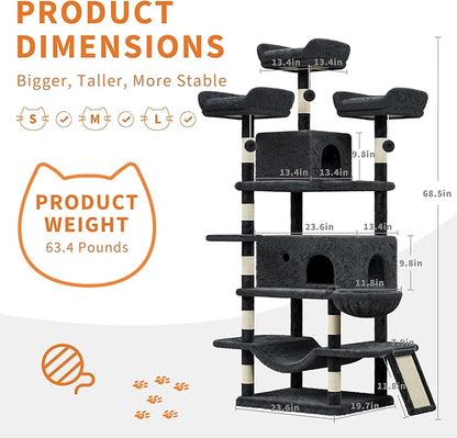 68.5 Inch Tall Cat Tree Tower, Heavy Duty Multi-Level Cat Tower with Scratching Posts, Condo, Plush Perches, Hammocks, Basket & Dangling Balls, Cat Furniture for Indoor Cats