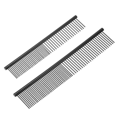 Dog Cat Comb, Pet Combs Stainless Steel Teeth with Rounded Ends for Knots Mats Loose Hair Removal, 6.5/7.5IN (Black Coated, 2 Pack), Grooming Tool Intended for Long Curly Hair Pet