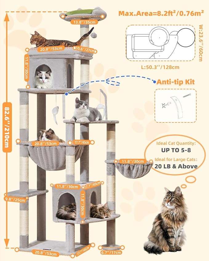Taoqimiao 83In Heavy Duty Cat Tree, Suitable 20lb+ Large Cats, XXL-Cat Tower for Indoor Cats Large Adult, 2 Luxurious Cat Cando with 8 Scratching Posts,Oversized Metal Hammocks, Light Gray MS032W